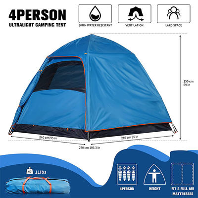 Fiberglass 3-4 People Pop Up Camping Family Tents 190T Polyester Shelters